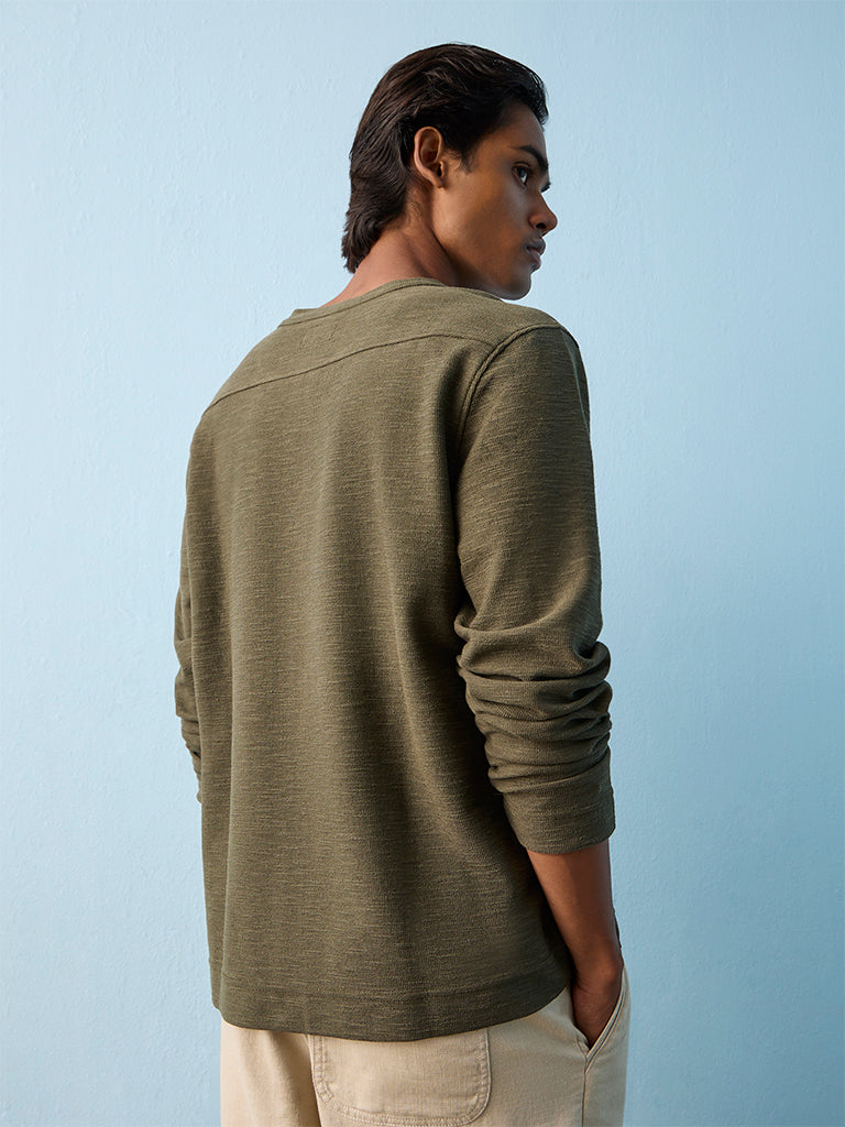 ETA Olive Relaxed-Fit Cotton-Blend Henley T-Shirt