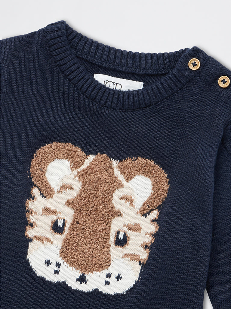 HOP Baby Boys Navy Tiger Embroidered Knitted Cotton Sweater