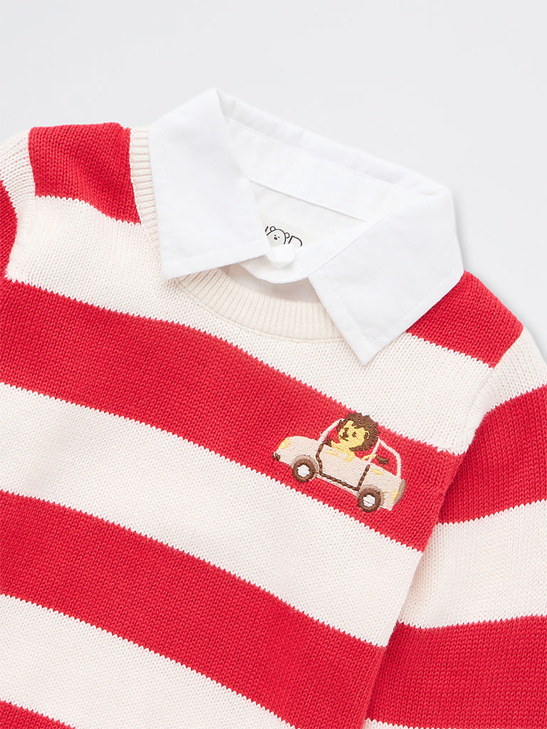 HOP Baby Boys Red Striped Knitted Cotton Sweater