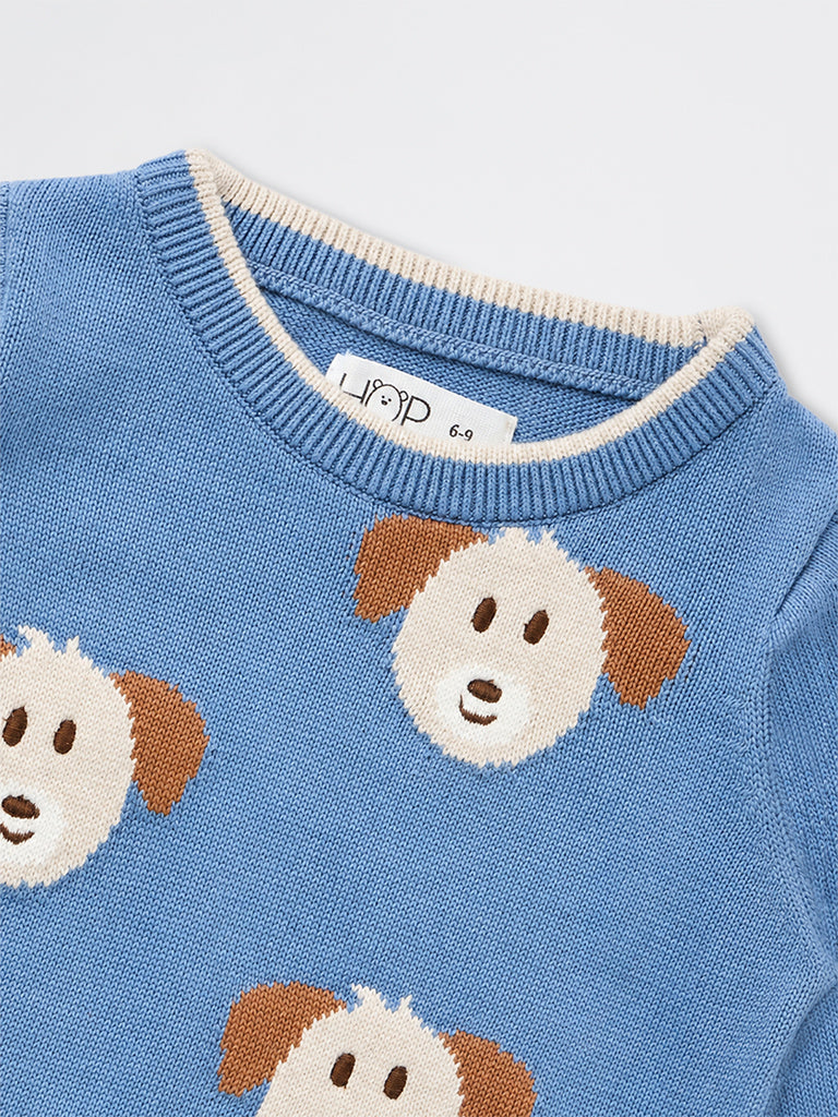 HOP Baby Boys Blue Dog-Embroidered Cotton Sweater