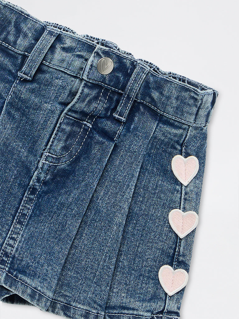 HOP Baby Girls Blue Washed Heart-Detailed High-Rise Denim Skorts