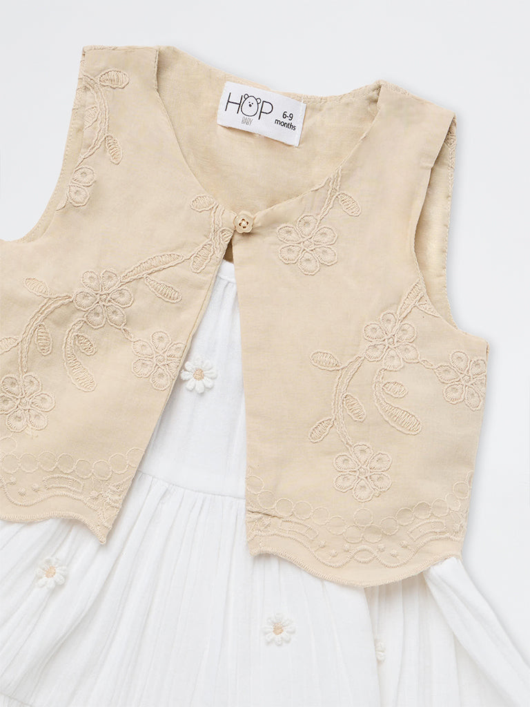 HOP Baby Girls White Floral Embroidered Cotton Tiered Dress with Waistcoat