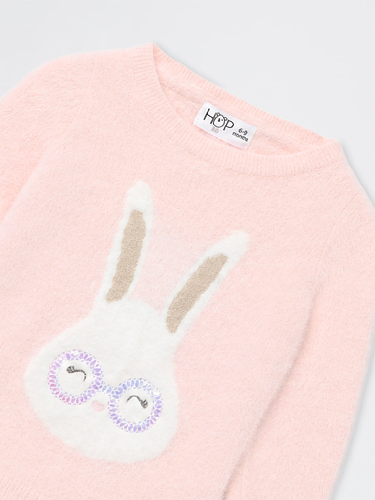 HOP Baby Girls Pink Bunny Embroidered Faux Fur-Textured Sweater