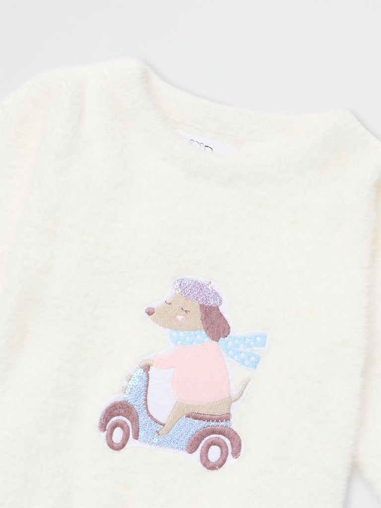 HOP Baby Girls White Dog Embroidered Knitted Sweater