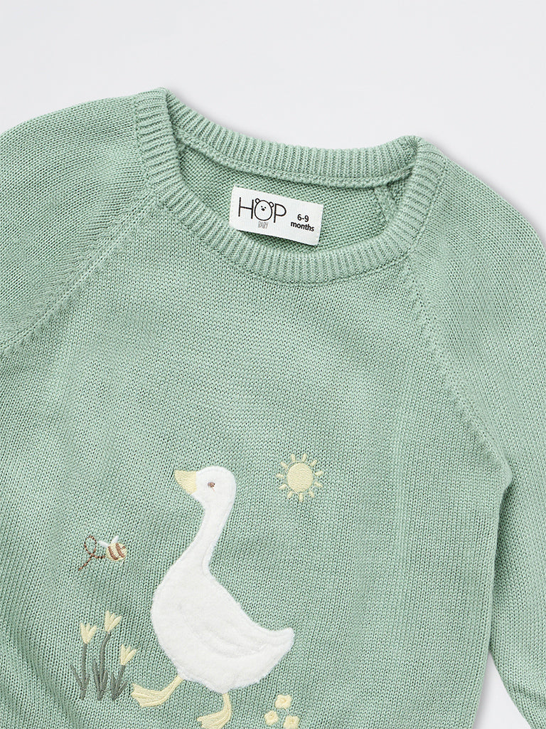 HOP Baby Girls Sage Bird Embroidered Knitted Sweater