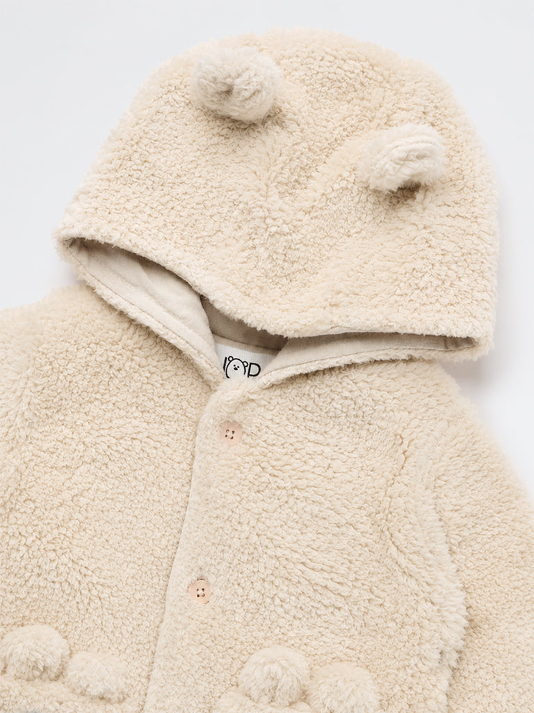 HOP Baby Boys Beige Teddy-Detail Fur-Textured Hooded Jacket