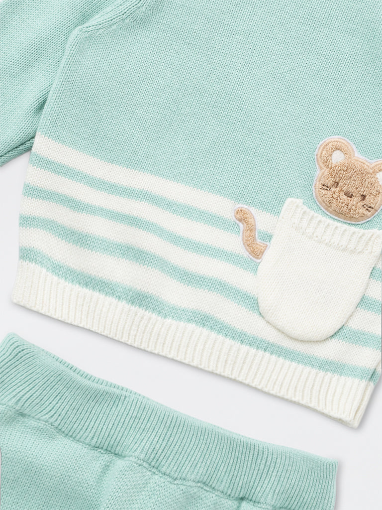 HOP Baby Boys Mint Cat-Embroidered Cotton Sweater and Pants Set