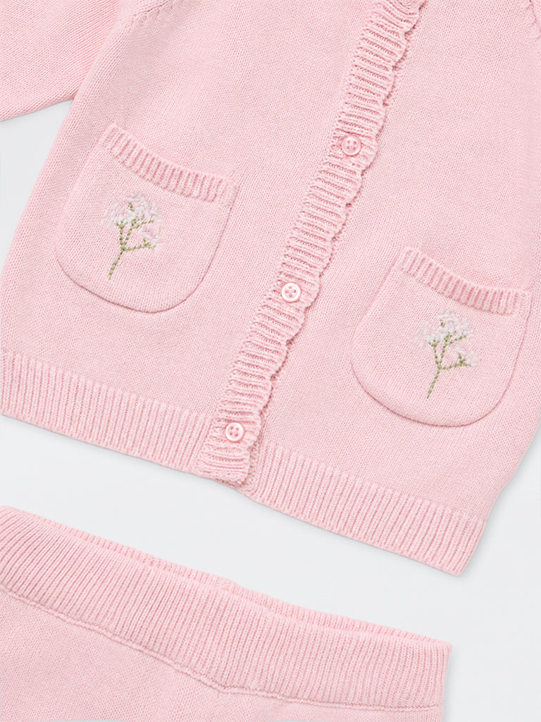 HOP Baby Boys Pink Floral Embroidered Knitted Cotton Cardigan and Pants Set