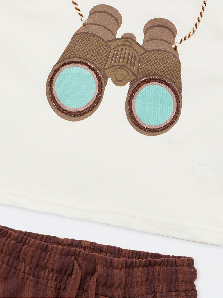 HOP Kids Boys Brown Printed Cotton T-Shirt and Shorts Set