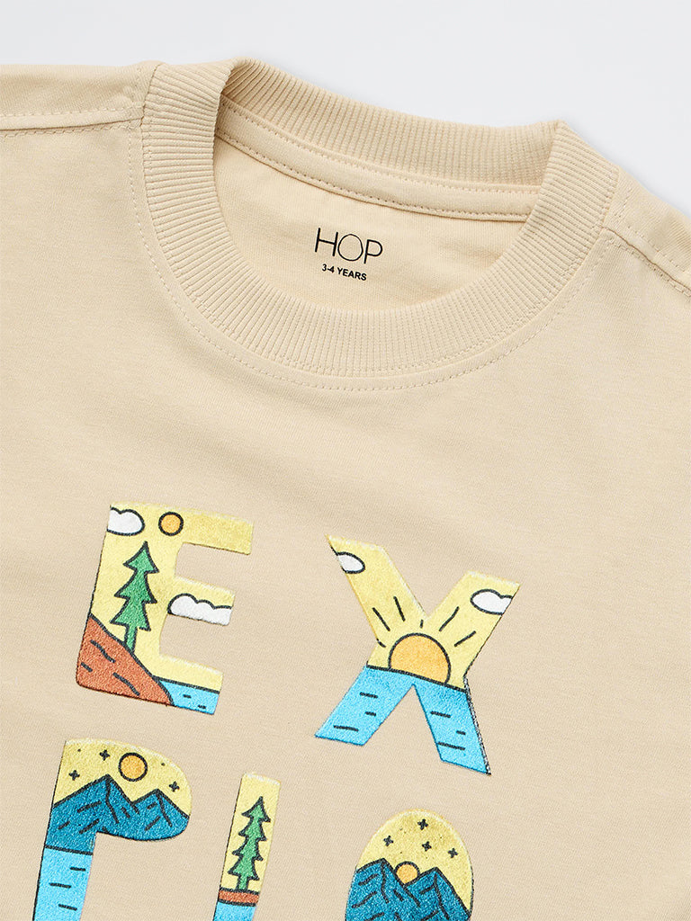 HOP Kids Boys Beige Typographic Cotton T-Shirt