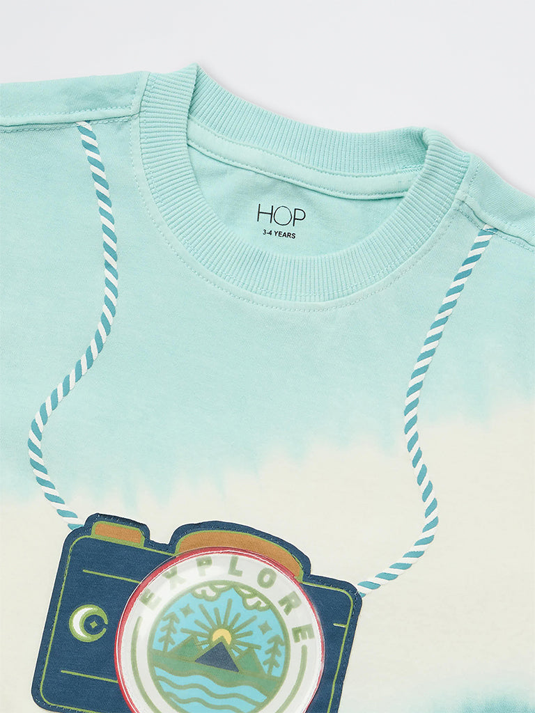 HOP Kids Boys Teal Tie-Dye Printed Cotton T-Shirt