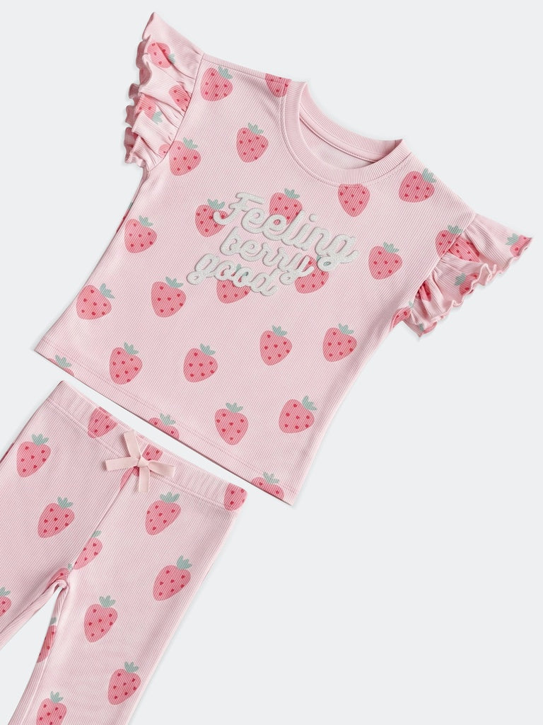 HOP Kids Girls Pink Printed Cotton T-Shirt and Pant Set
