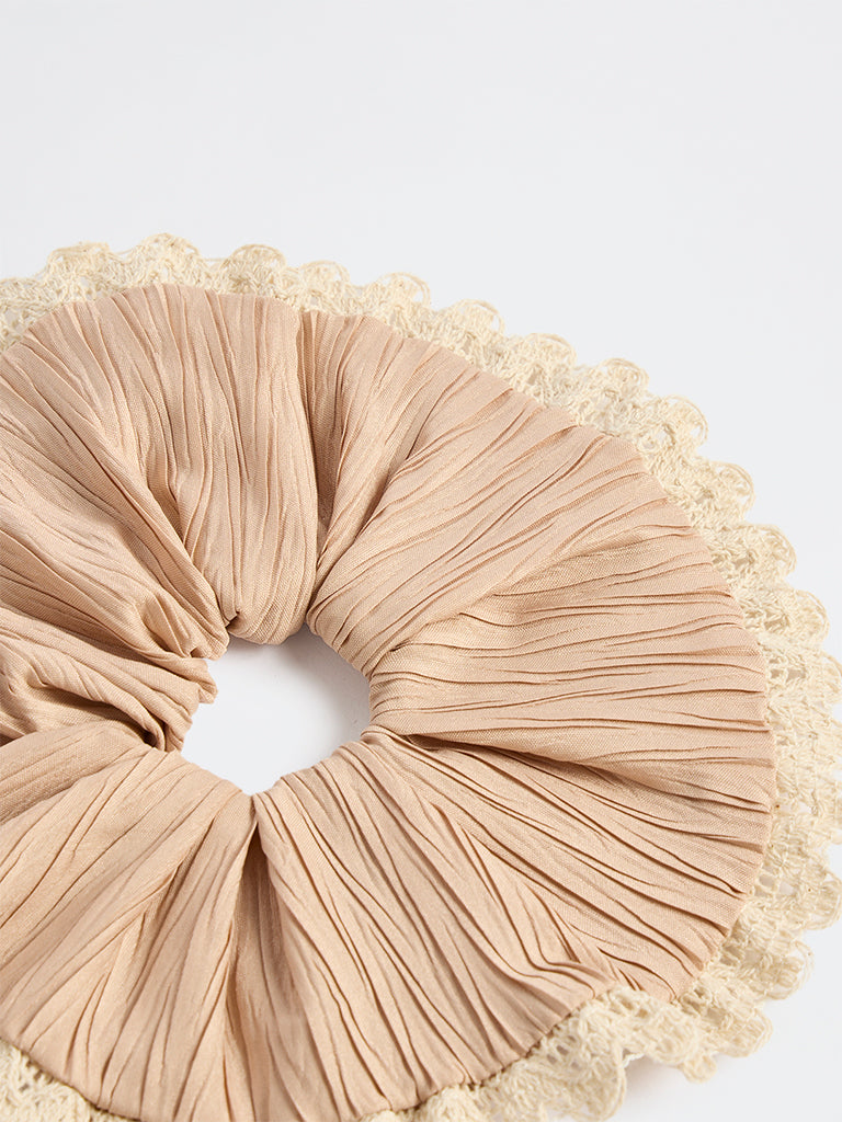 Westside Accessories Beige Frill Lace-Detail Scrunchie