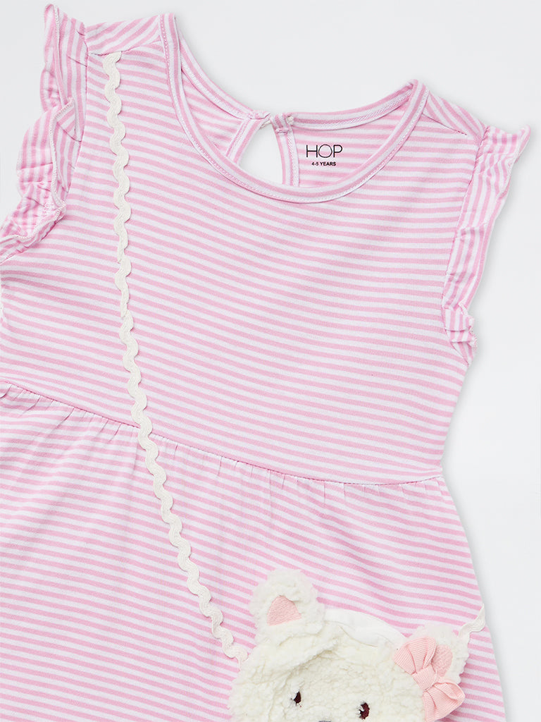 HOP Kids Girls Pink Striped Sling-Bag Detail Cotton A-Line Dress