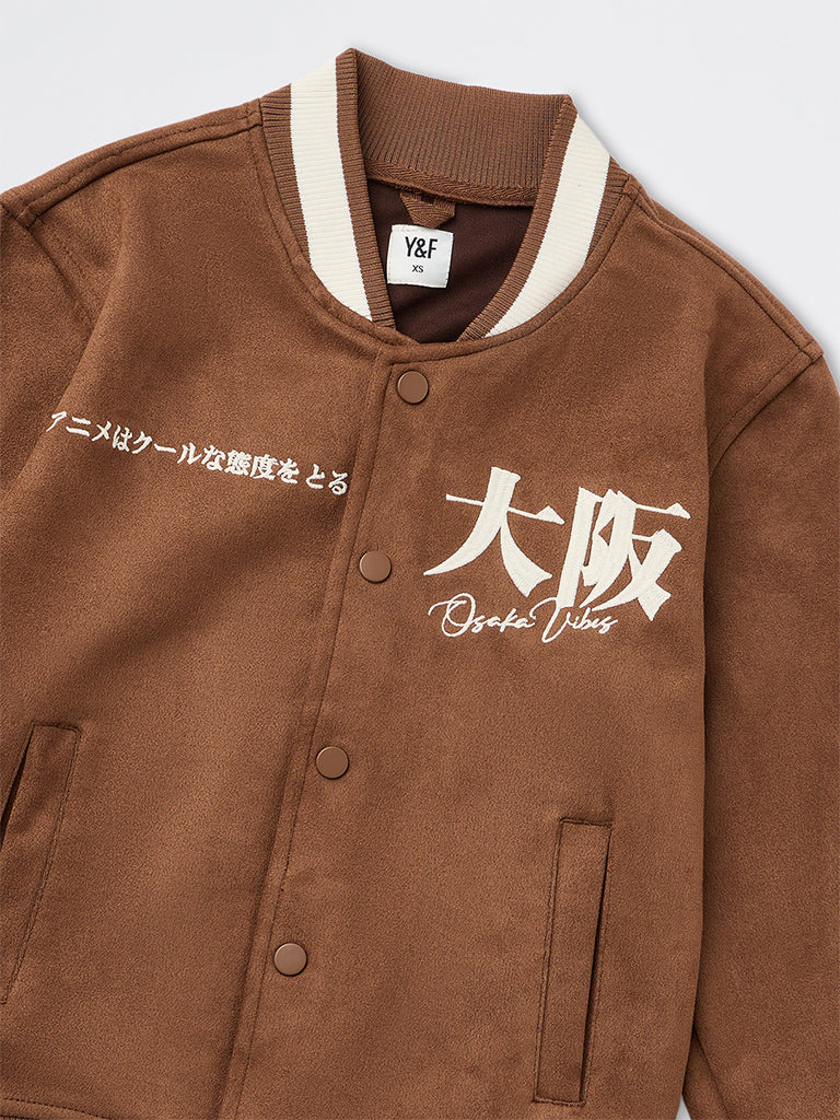 Boys Beige Text Design Varsity Jacket