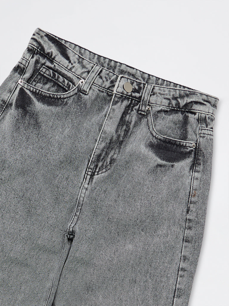 Girls Grey Washed Star Detail High-Rise Jeans