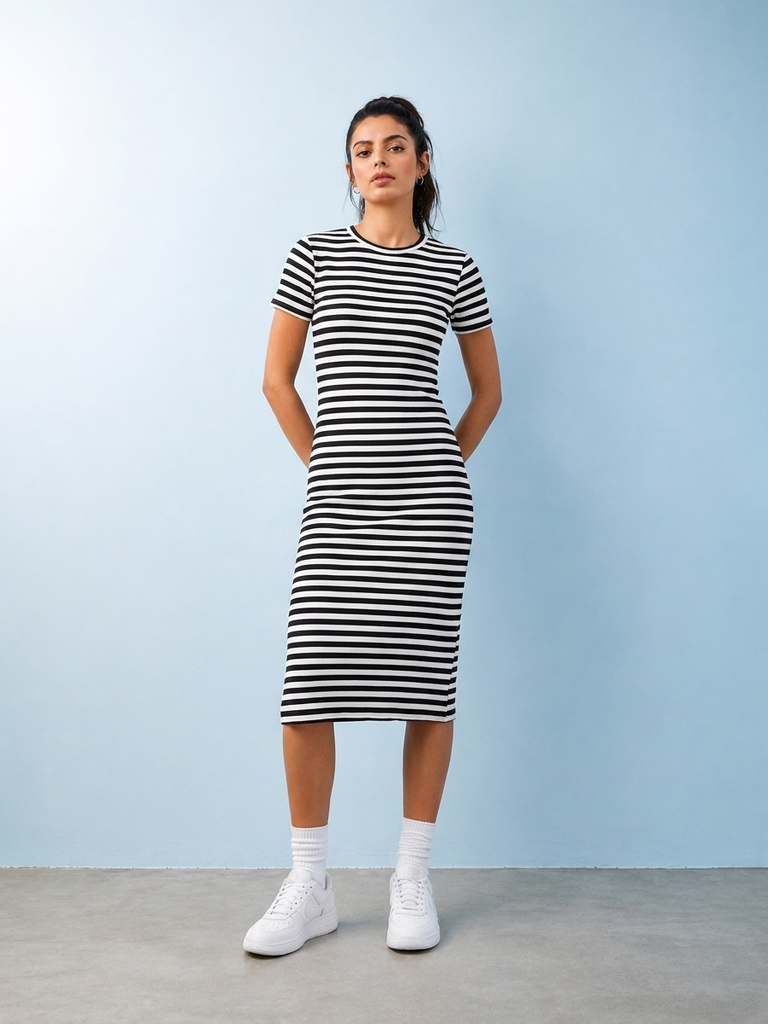 Buy Nuoflexx Black Stripe Pattern Cotton-Blend Straight Dress from Westside