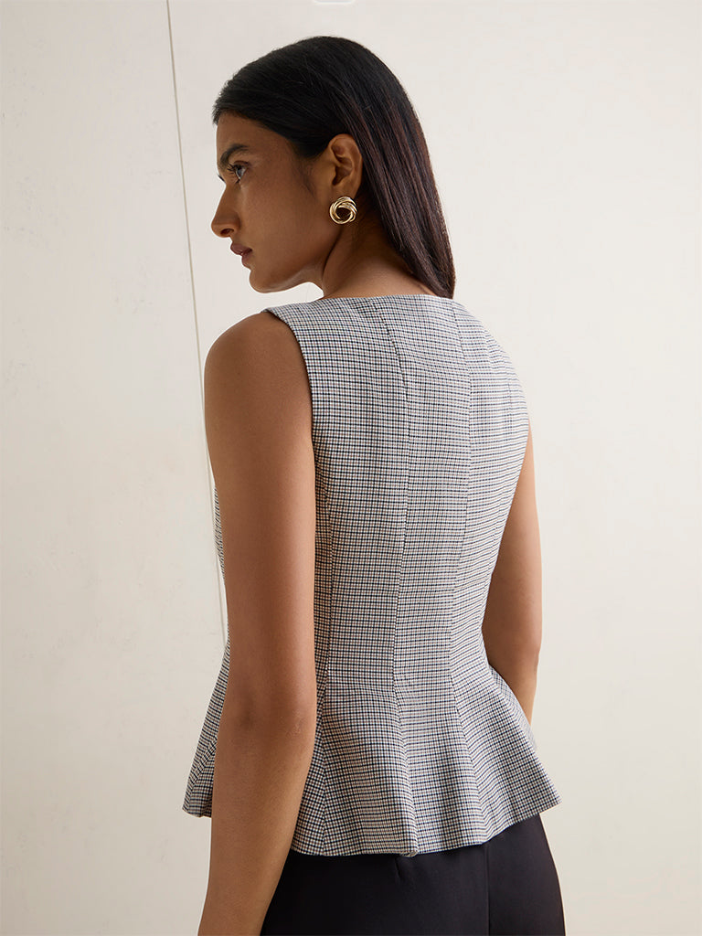 Wardrobe Beige and Black Houndstooth Printed Peplum Top