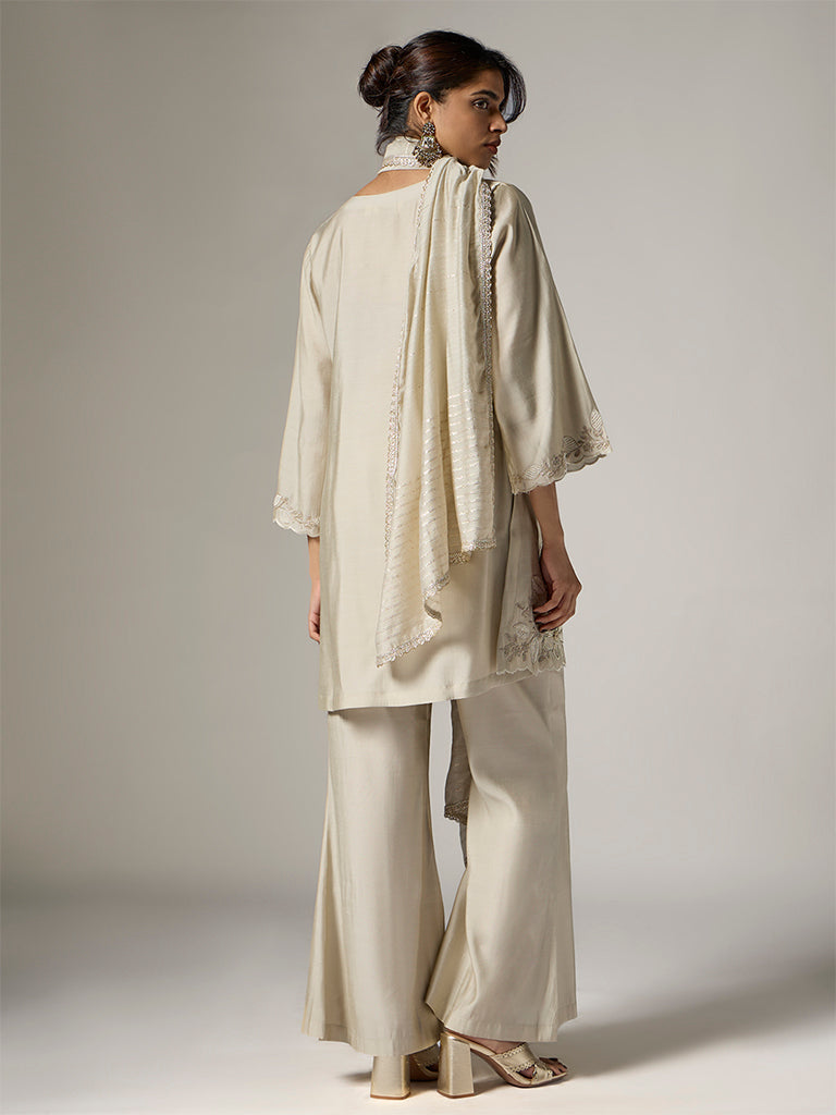 Vark Ivory Floral Embellished A-Line Ethnic Set