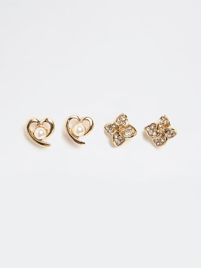 Westside Accessories Gold Heart and Flower Stud Earrings - Pack of 2
