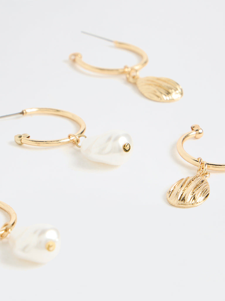Westside Accessories Gold and White Charms and Pearls Hoop Earrings (Pack of 2)