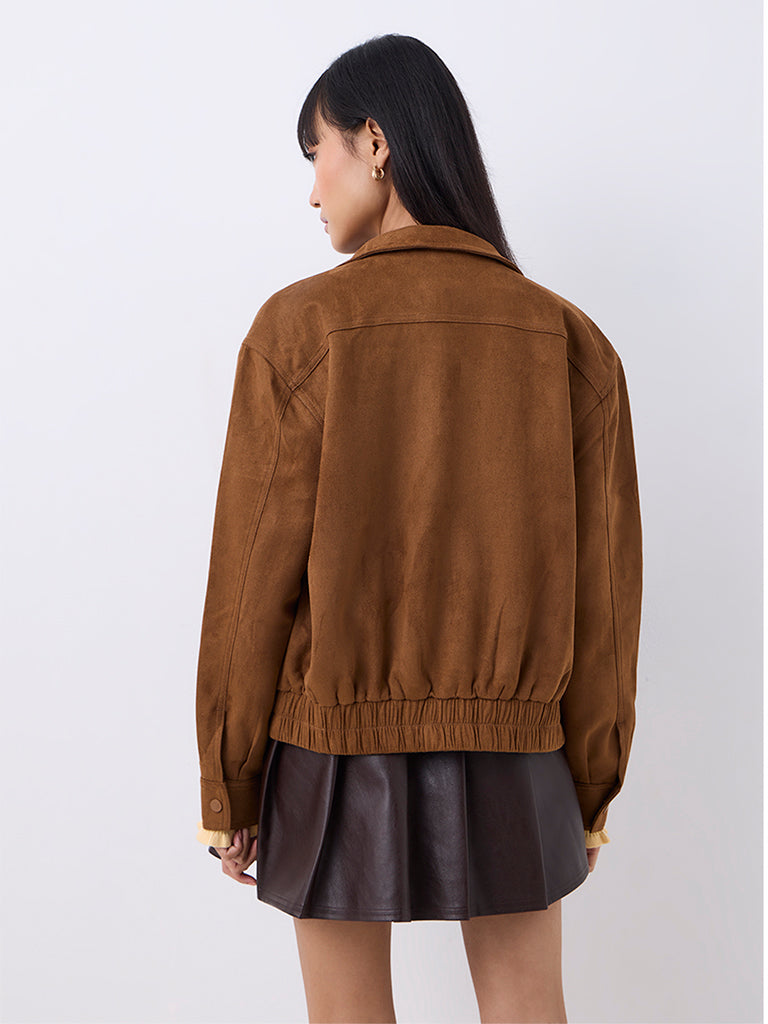 Nuon Brown Solid Suede Jacket