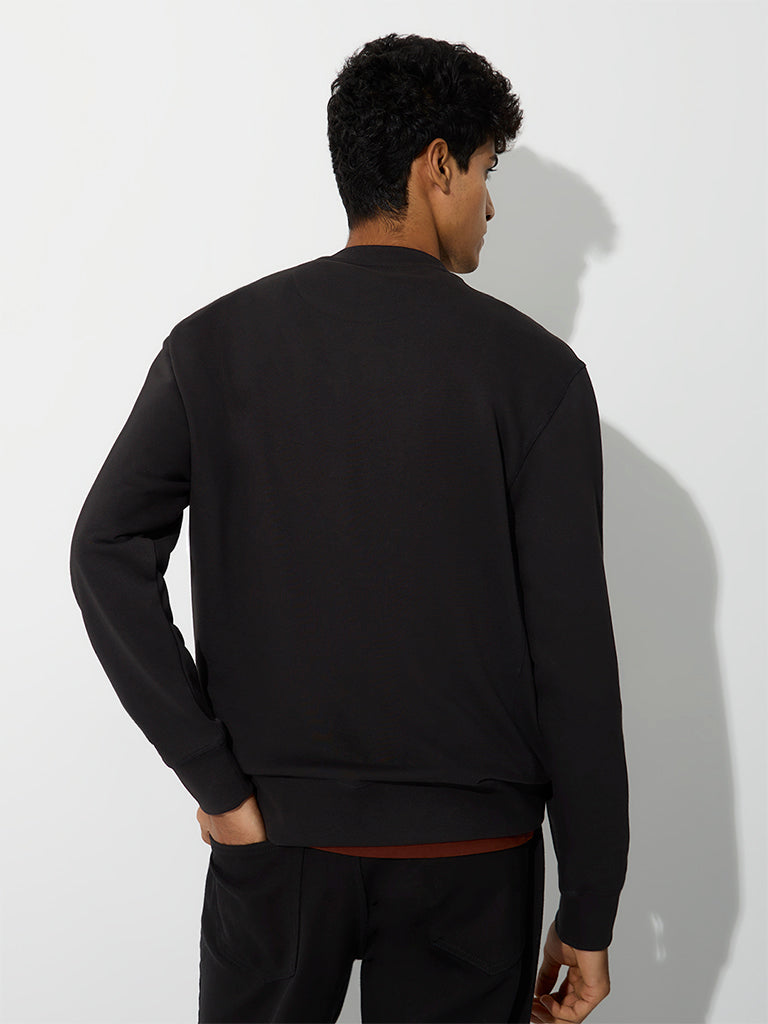 WES Casuals Black Solid Relaxed-Fit Cotton-Blend Sweatshirt