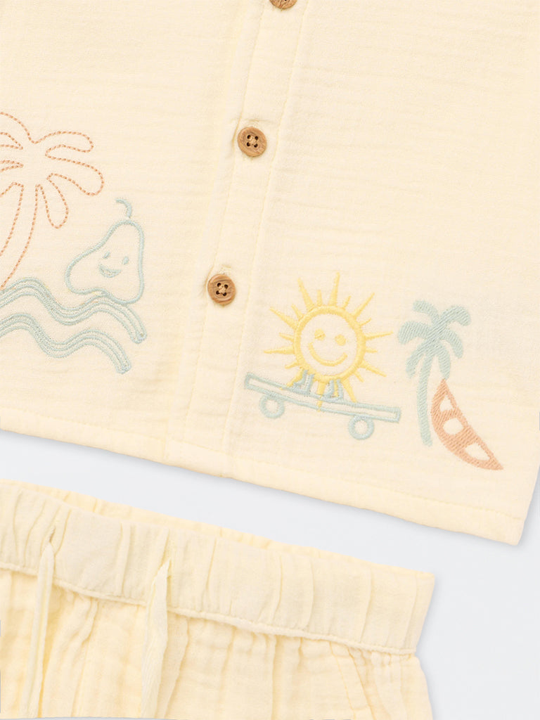 HOP Baby Boys Light Yellow Embroidered Cotton Shirt and Shorts Set