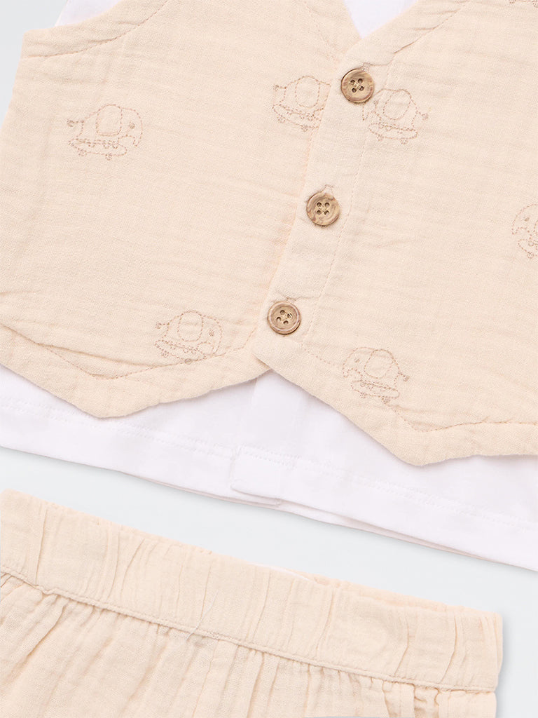 HOP Baby Boys Light Beige Cotton Shirt, Pants, Waistcoat and Bow Set
