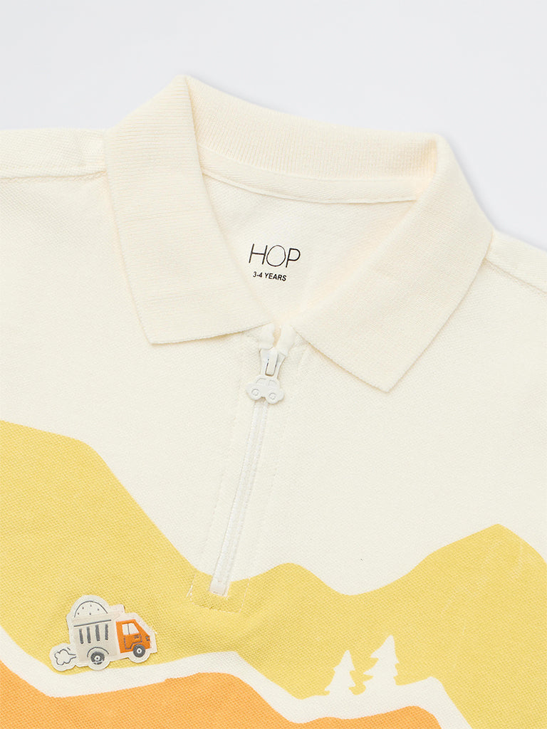 HOP Kids Boys Off-White Printed Quarter-Zip Cotton T-Shirt