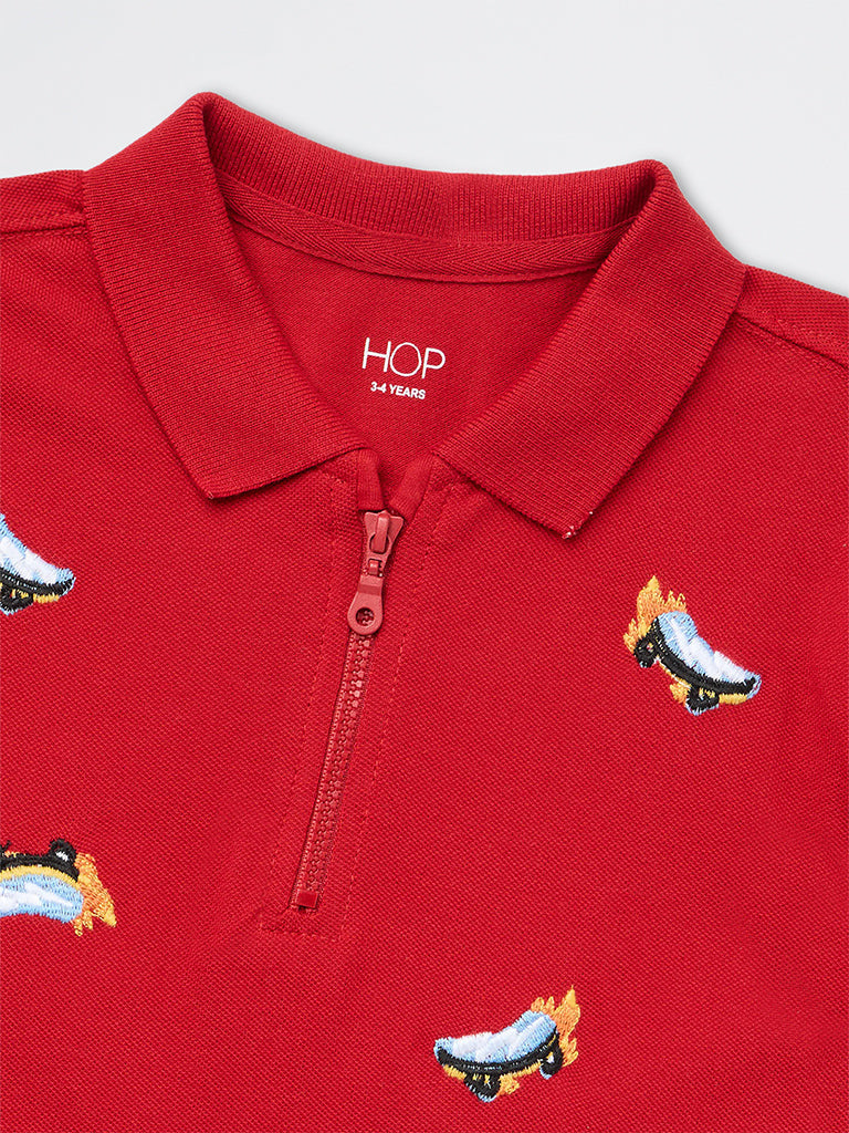 HOP Kids Boys Red Embroidered Quarter-Zip Cotton T-Shirt