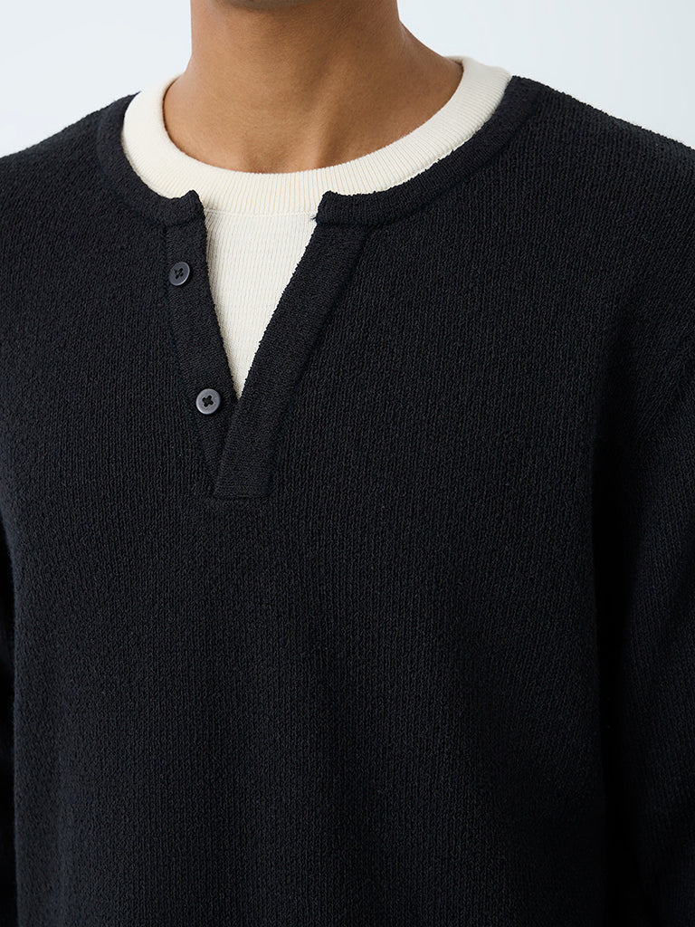 ETA Black Knit-Textured Relaxed-Fit Cotton-Blend T-Shirt