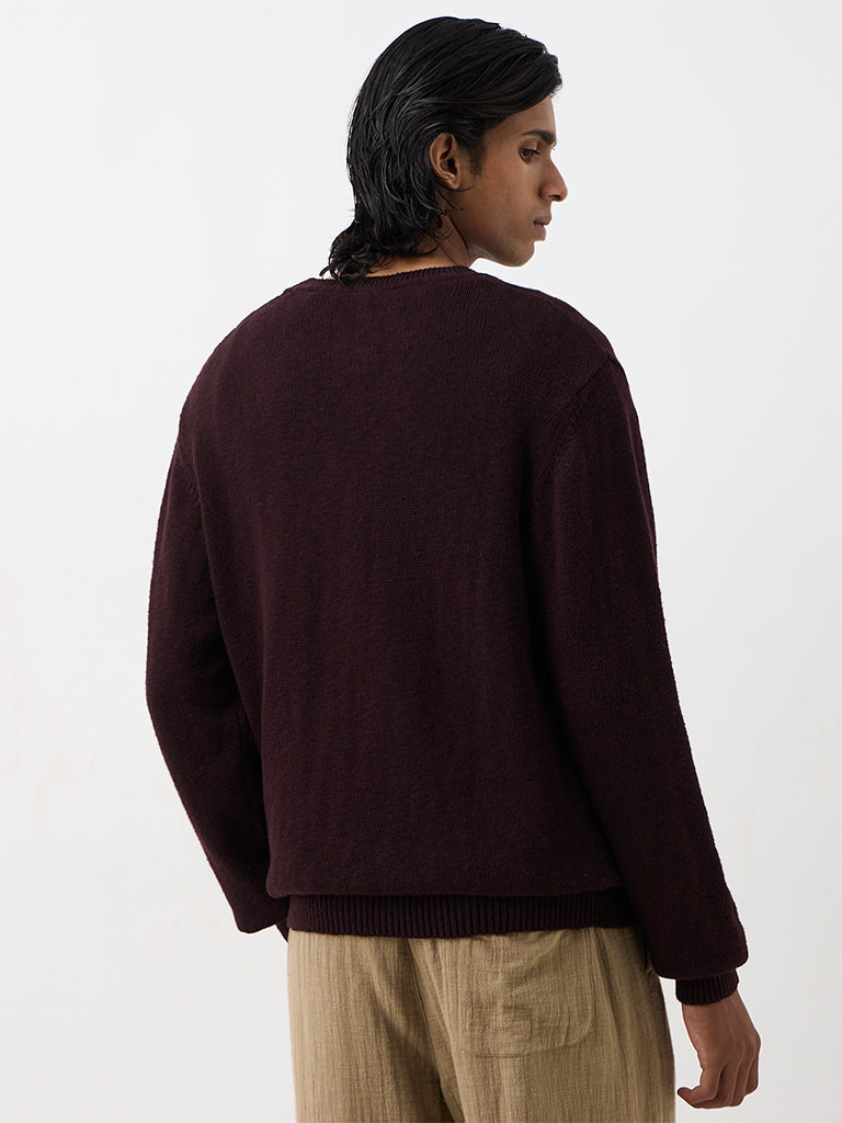 ETA Dark Plum Knit-Textured Relaxed-Fit Cotton Henley Sweater