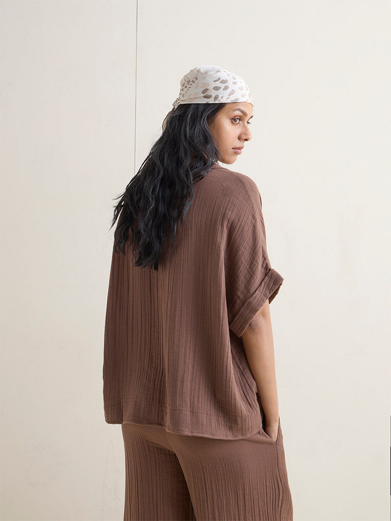Wunderlove Brown Crinkle-Textured Beach Top