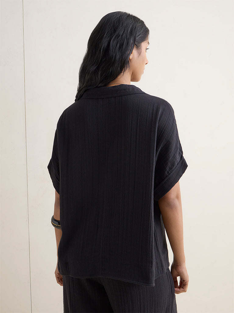 Wunderlove Black Crinkle-Textured Beach Top