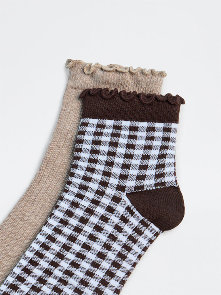 Superstar Brown Gingham Checkered Ankle Socks - Pack of 2