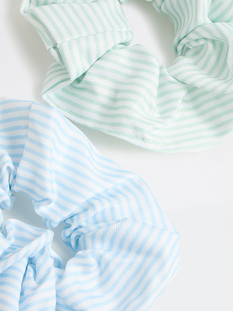 Westside Accessories Green and Blue Striped Hair Scrunchies - Pack of 2