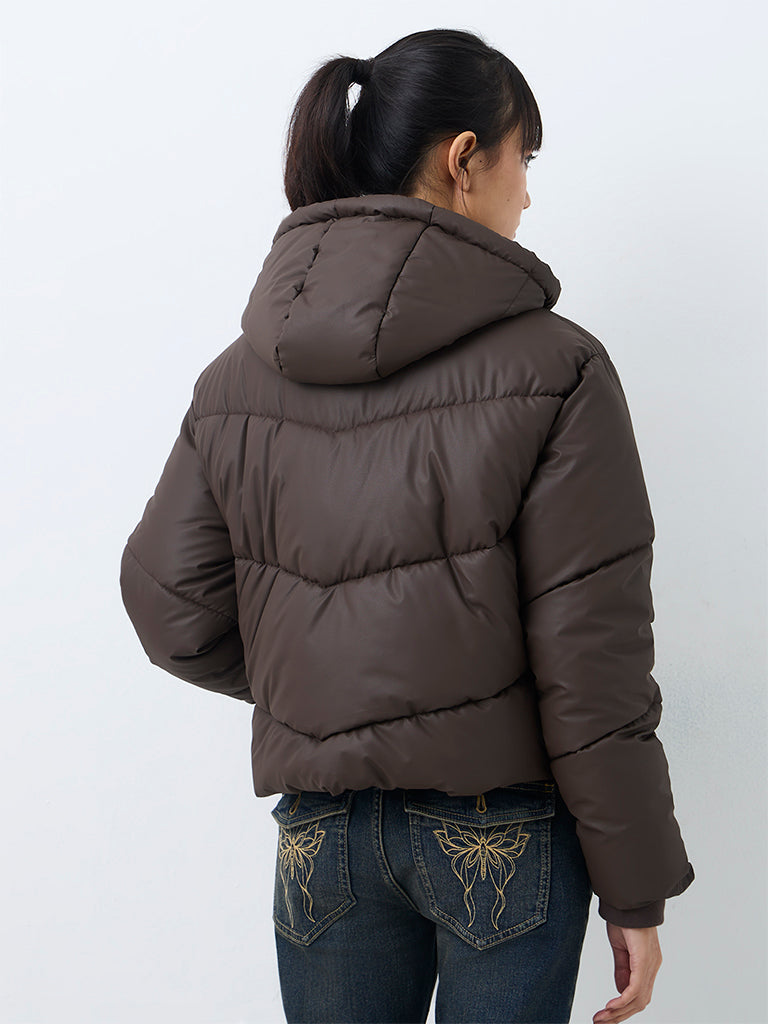 Nuon Dark Brown Solid Hooded Puffer Jacket