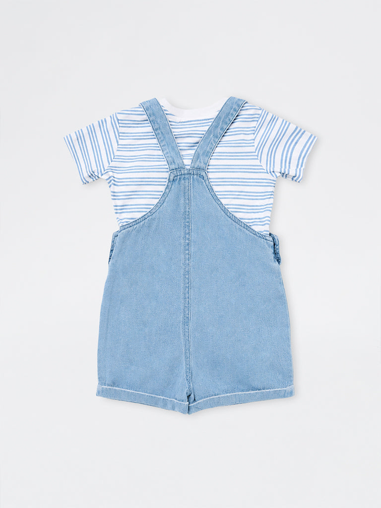 HOP Baby Boys Blue Text-Detail Denim Dungaree with T-Shirt Set