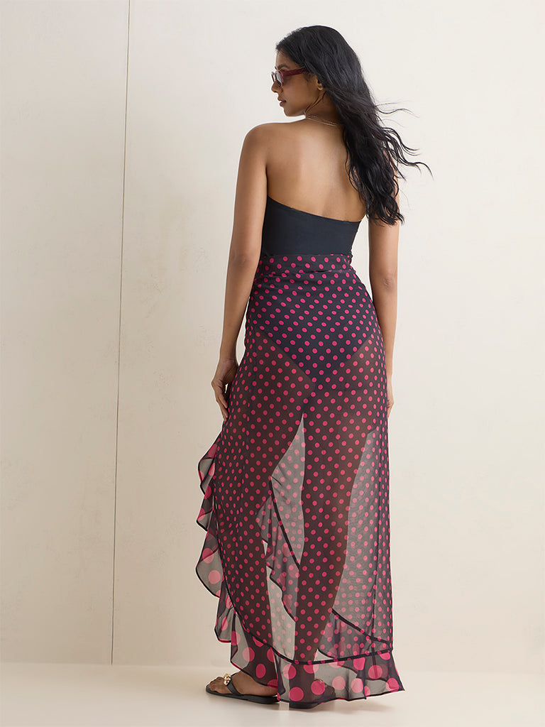 Wunderlove Swimwear Black Polka Dot Printed Sarong