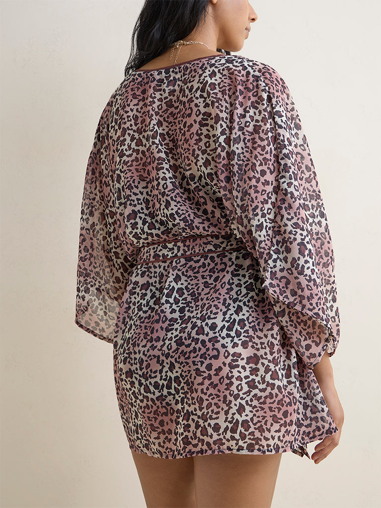 Wunderlove Brown Animal Printed Beach Shrug with Belt