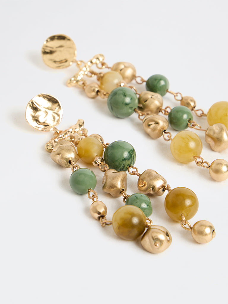 Westside Accessories Gold and Green Beaded Statement Dangler Earrings