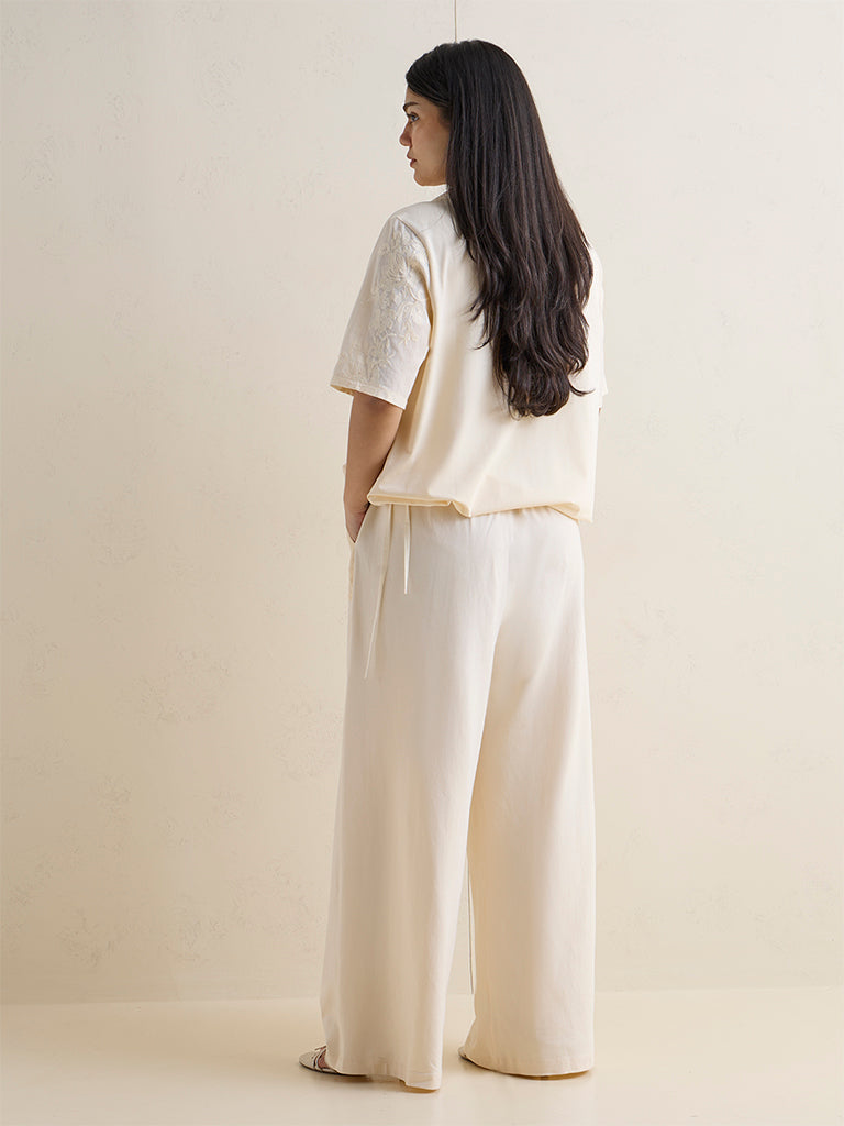 Gia Cream Floral Embroidered Cotton-Blend High-Rise Pants