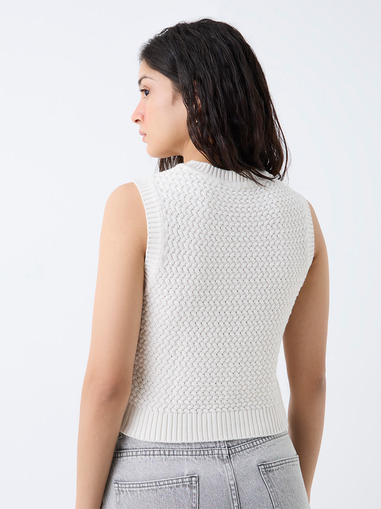 Nuon Off-White Floral Embroidered Knitted Cotton Top