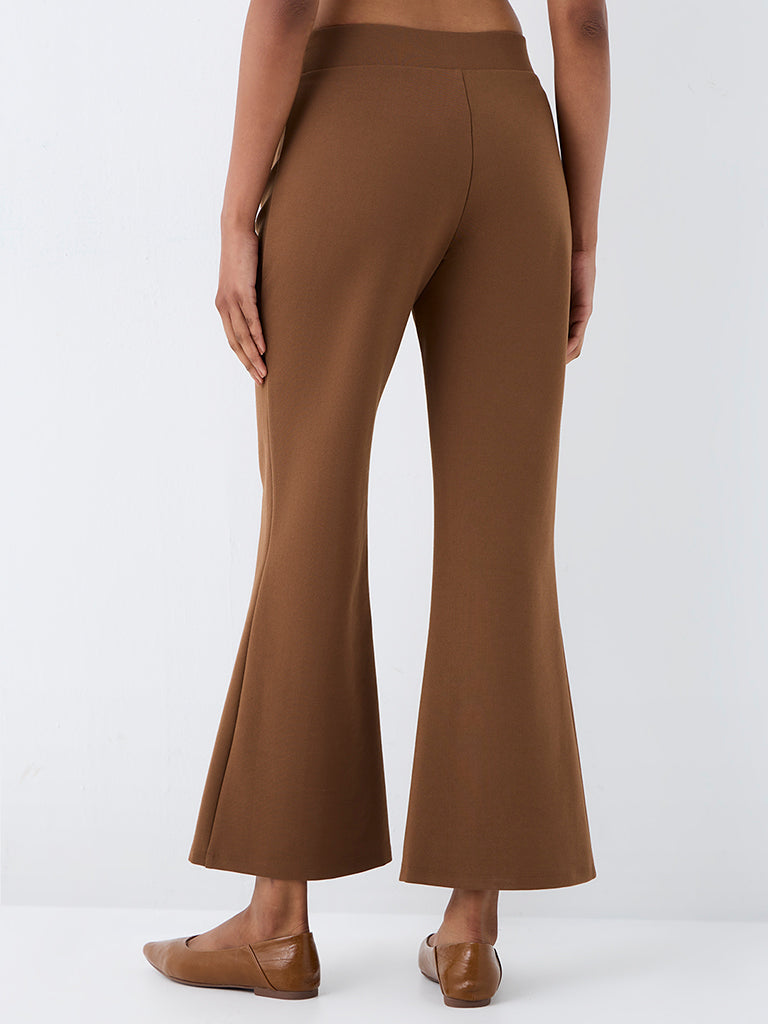 Wardrobe Brown Button-Detail Flared High-Rise Trousers