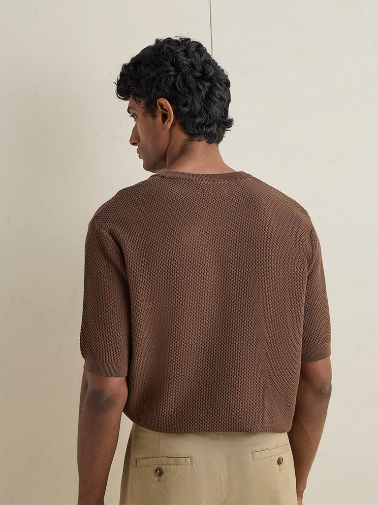 Ascot Brown Knit-Textured Relaxed-Fit Cotton-Blend T-Shirt