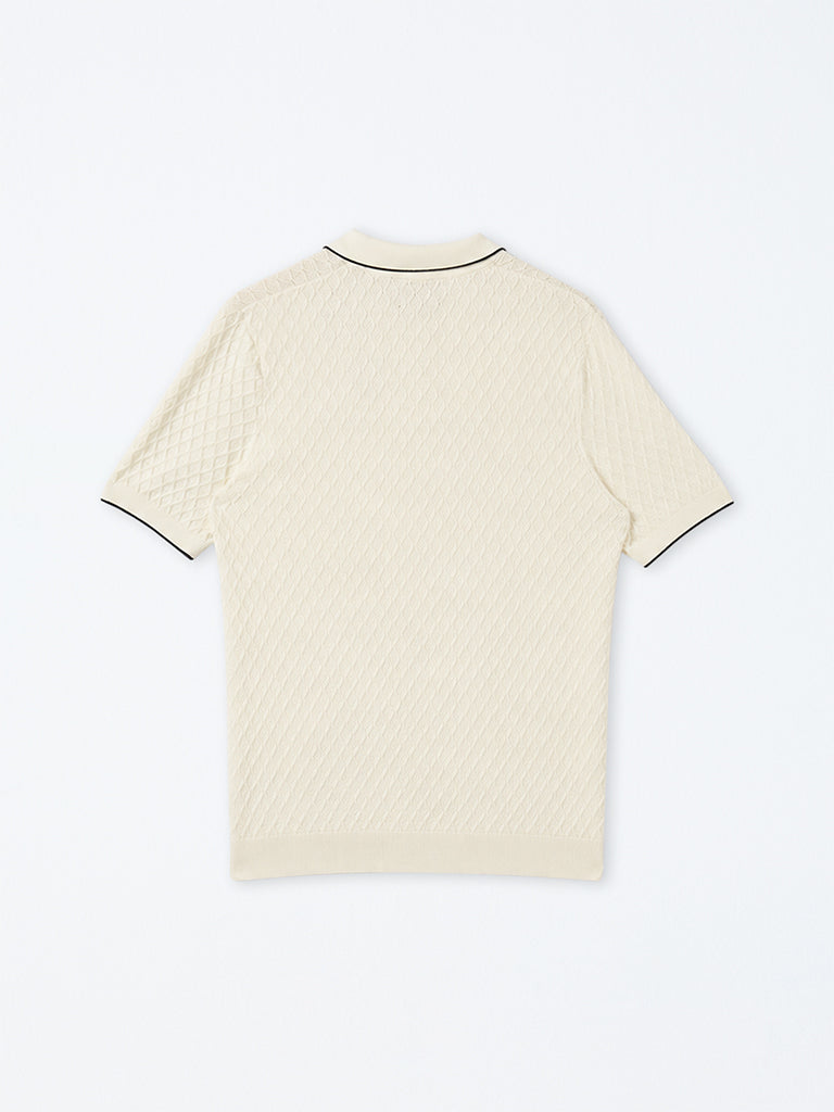 Ascot Off-White Knit-Textured Quarter-Zip Relaxed-Fit Polo T-Shirt
