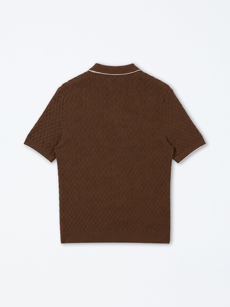 Ascot Brown Knit-Textured Relaxed-Fit Quarter-Zip Polo T-Shirt