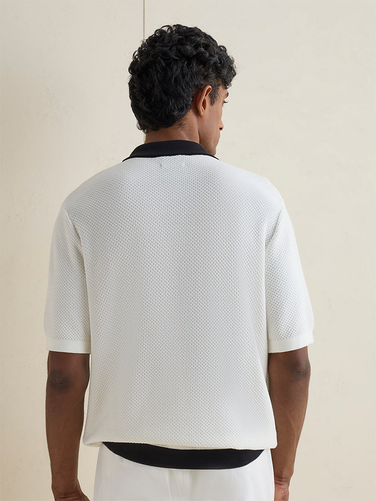 Ascot Off-White Colour-Blocked Textured Relaxed-Fit Polo Cotton-Blend T-Shirt