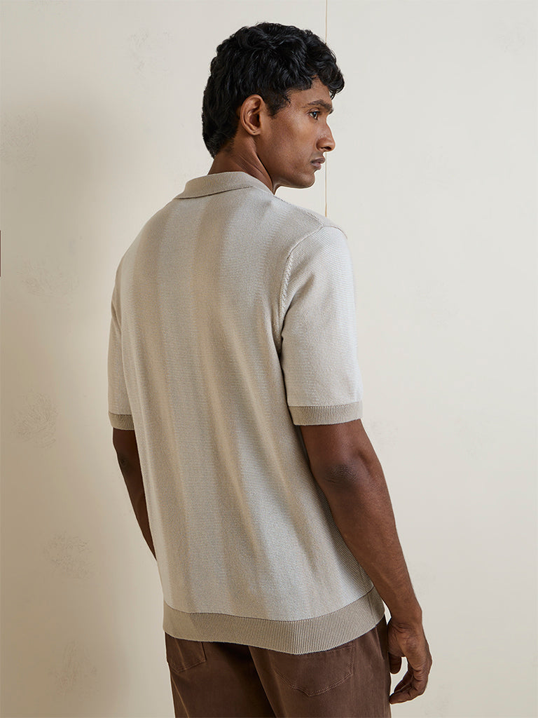 Ascot Light Beige Striped Textured Relaxed-Fit Polo T-Shirt